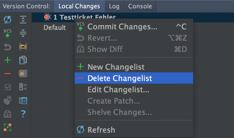 Manuelles Löschen der Changelist in PhpStorm